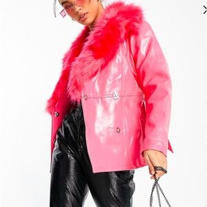 Topshop vinyl pink jacket with faux fur collar